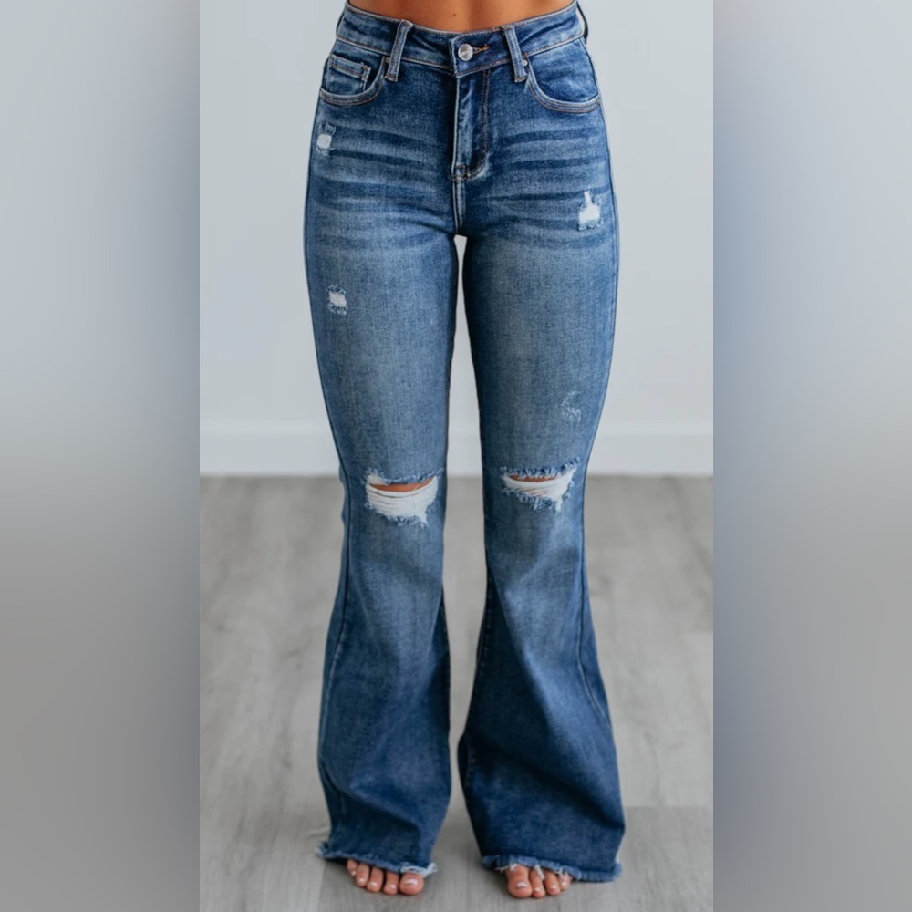 Distressed Flared Blue Jeans